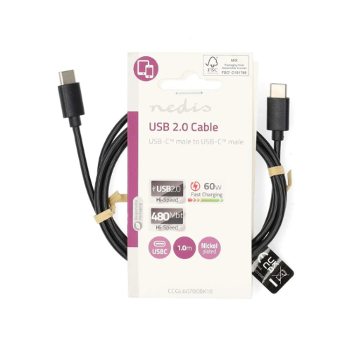 Nedis CCGL60700 USB-C 2.0-kabel, 480 Mbps 60 Watt, svart i gruppen Kablar / Digitala ljudkablar hos Ljudfokus (176CCGL60700BK10VAR)