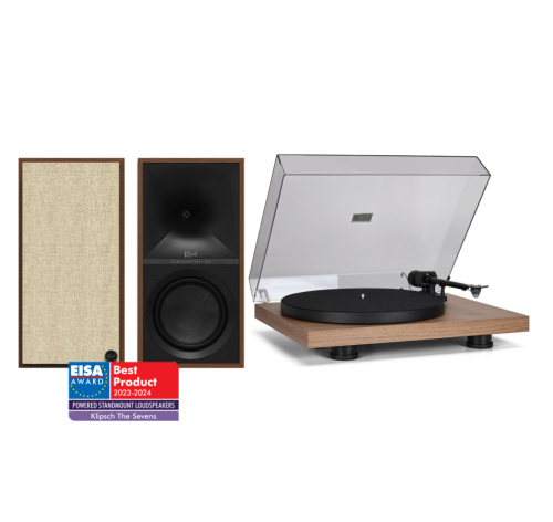 Klipsch The Sevens & Pro-Ject Debut EVO 2 Vinylspelarpaket, valnöt i gruppen Paket / Aktiva Högtalarsystem hos Ljudfokus.se (SETTHESEVENSPKT2)