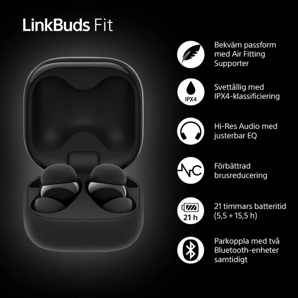 Sony LinkBuds Fit True Wireless IPX4 in ear-hörlur med Bluetooth, svart
