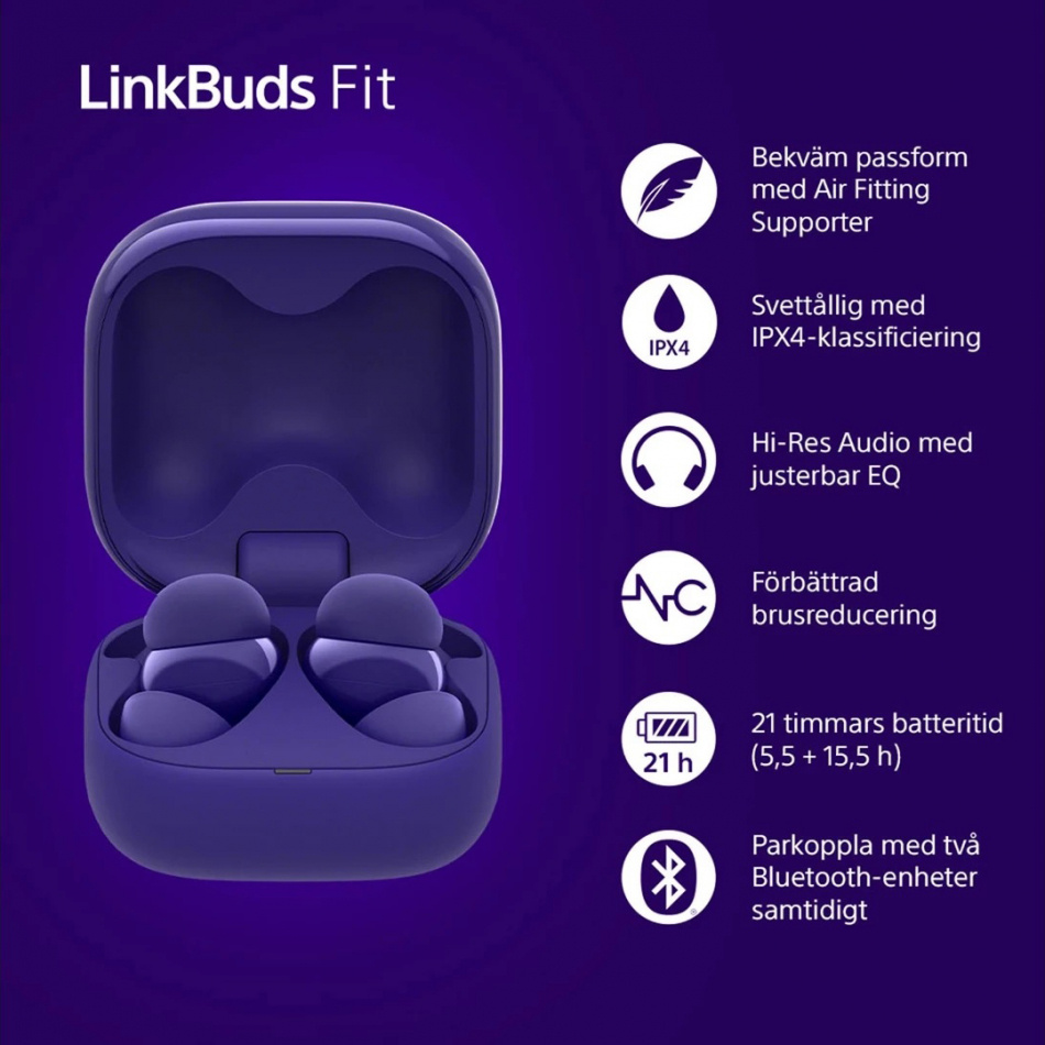 Sony LinkBuds Fit True Wireless IPX4 in ear-hörlur med Bluetooth, lila