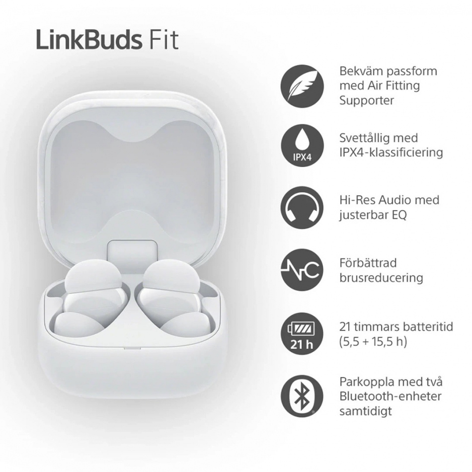 Sony LinkBuds Fit True Wireless IPX4 in ear-hörlur med Bluetooth, vit