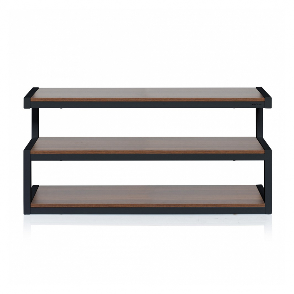 Norstone Esse AV, mediabänk svart stomme med hyllplan i valnöt