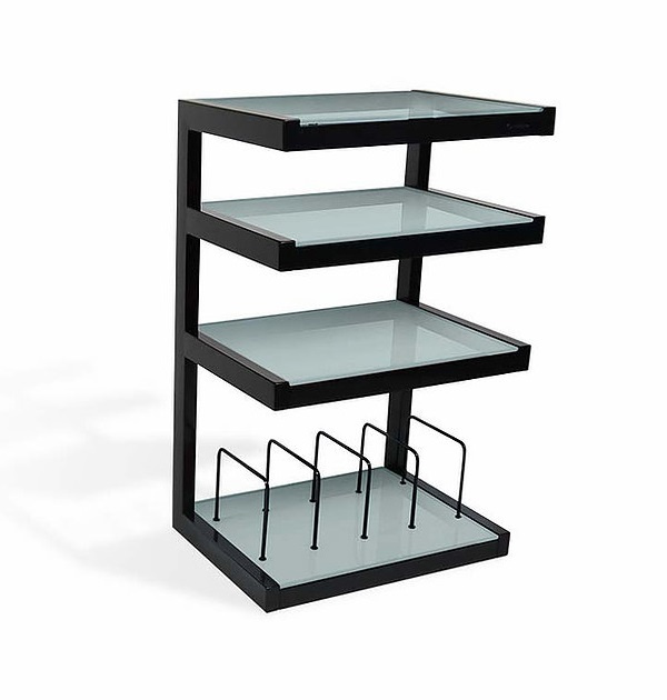 Norstone Esse Hifi Vinyl, vitfrostade hyllor med vinylfack