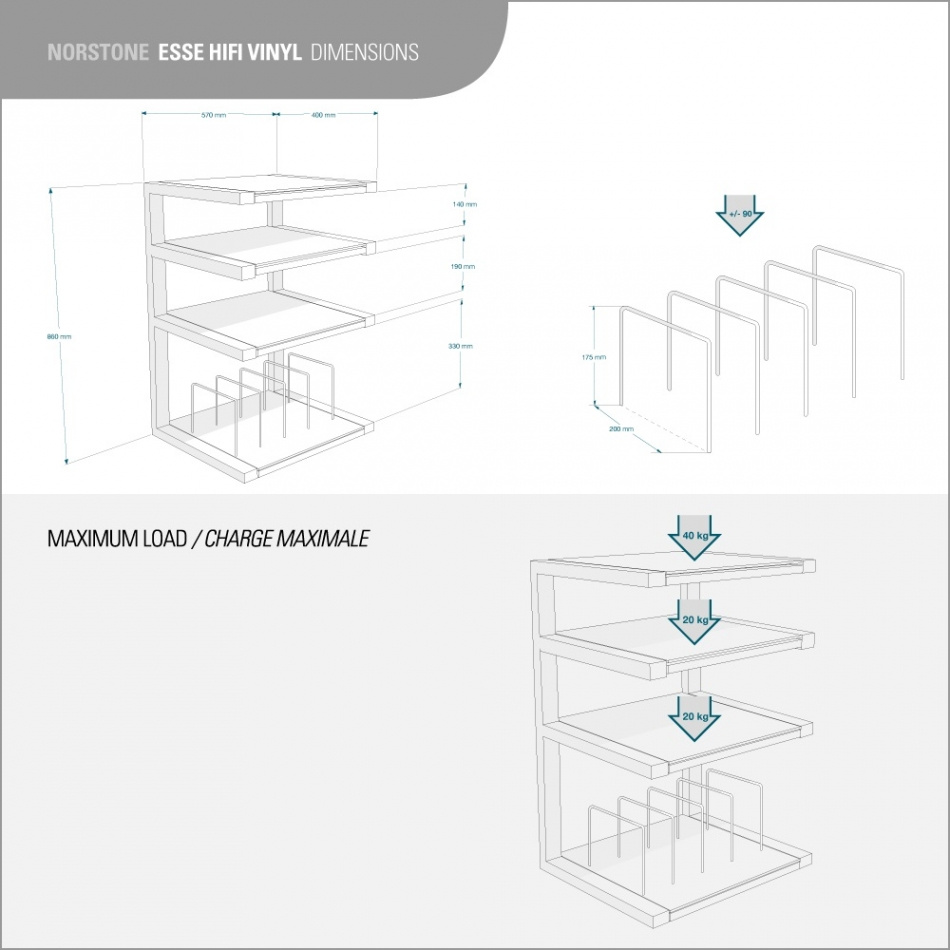Norstone Esse Hifi Vinyl, vitfrostade hyllor med vinylfack