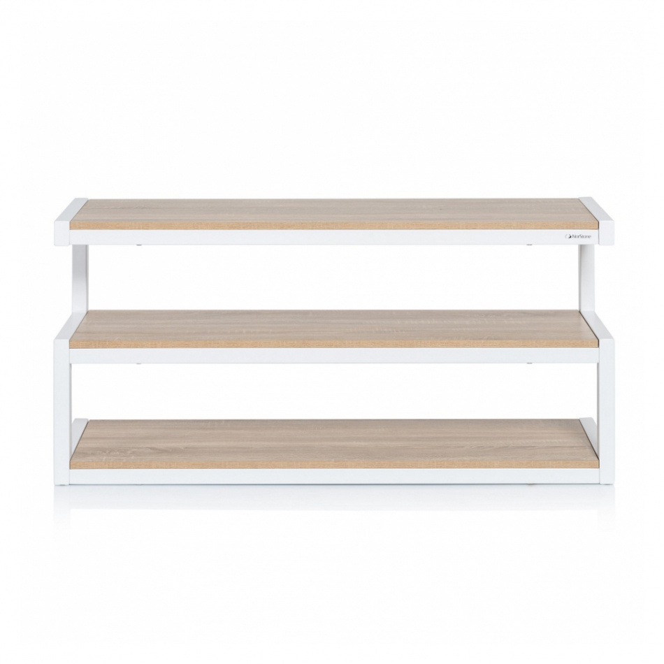 Norstone Esse AV, mediabänk vit stomme med hyllplan i ek