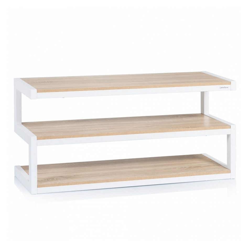 Norstone Esse AV, mediabänk vit stomme med hyllplan i ek