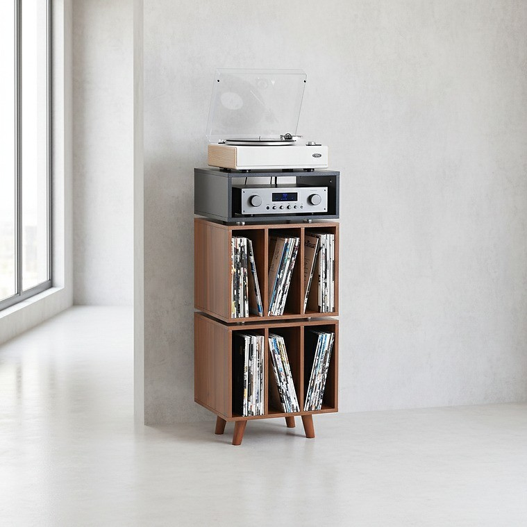 Norstone Stockholm 1100 mediabänk med vinylförvaring, svart/valnöt