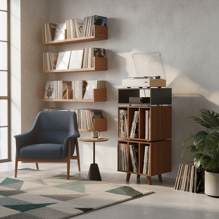 Norstone Stockholm 1100 mediabänk med vinylförvaring, svart/valnöt