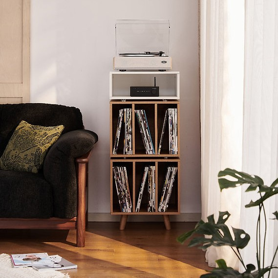 Norstone Stockholm 1100 mediabänk med vinylförvaring, vit/ek