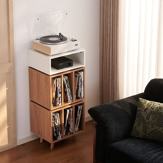 Norstone Stockholm 1100 mediabänk med vinylförvaring, vit/ek