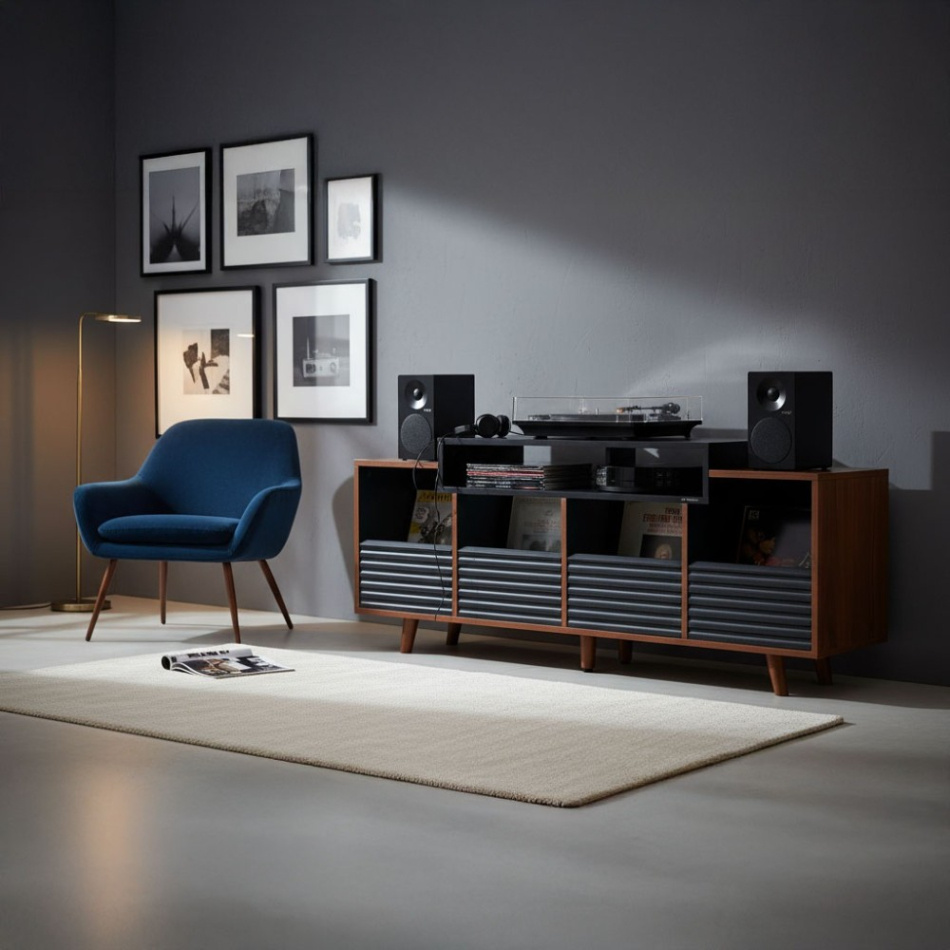 NorStone Oslo Vinyl 1600 mediabänk för skivspelare & elektronik, valnöt/svart