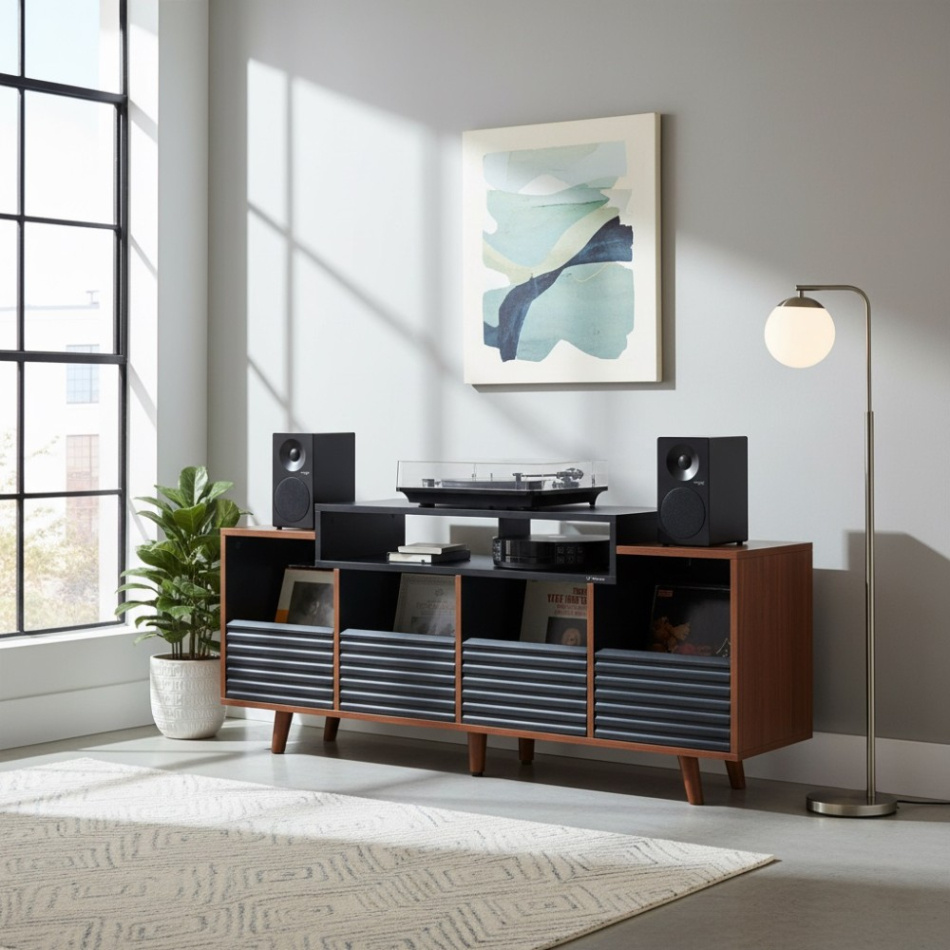 NorStone Oslo Vinyl 1600 mediabänk för skivspelare & elektronik, valnöt/svart