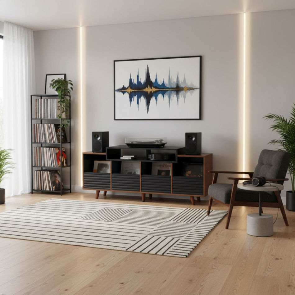NorStone Oslo Vinyl 1600 mediabänk för skivspelare & elektronik, valnöt/svart