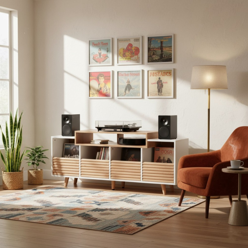 NorStone Oslo Vinyl 1600 mediabänk för skivspelare & elektronik, ljus ek/vit