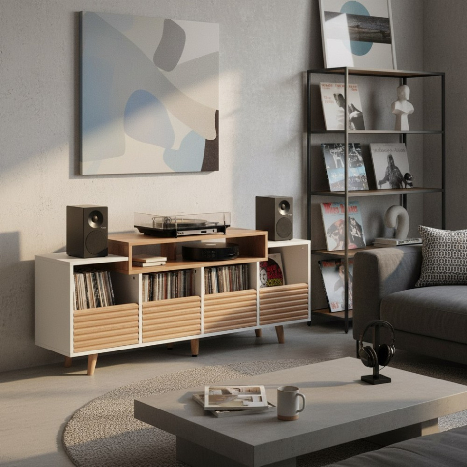 NorStone Oslo Vinyl 1600 mediabänk för skivspelare & elektronik, ljus ek/vit