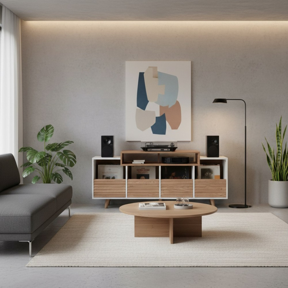 NorStone Oslo Vinyl 1600 mediabänk för skivspelare & elektronik, ljus ek/vit