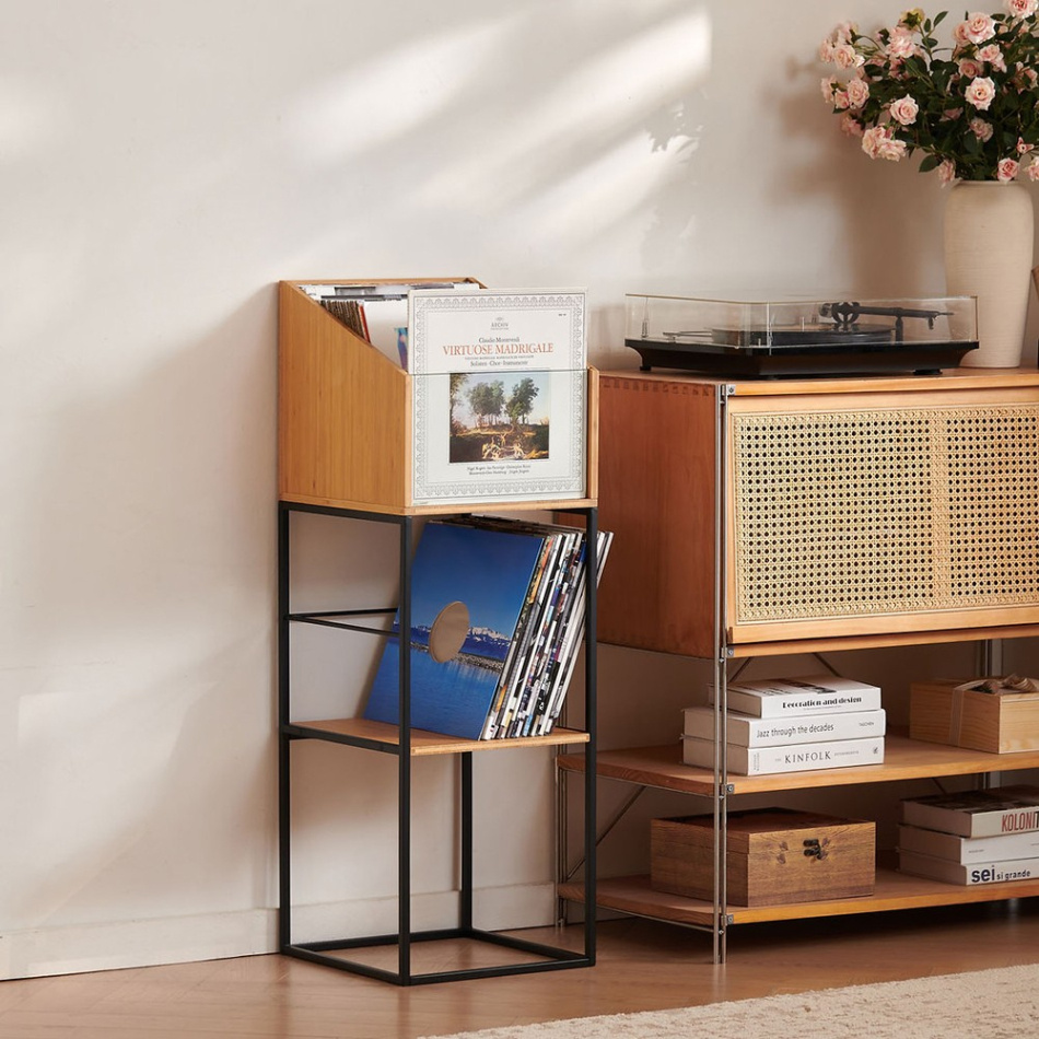 NorStone Vinyl LP Stand förvaring av vinylskivor, bambu/svart