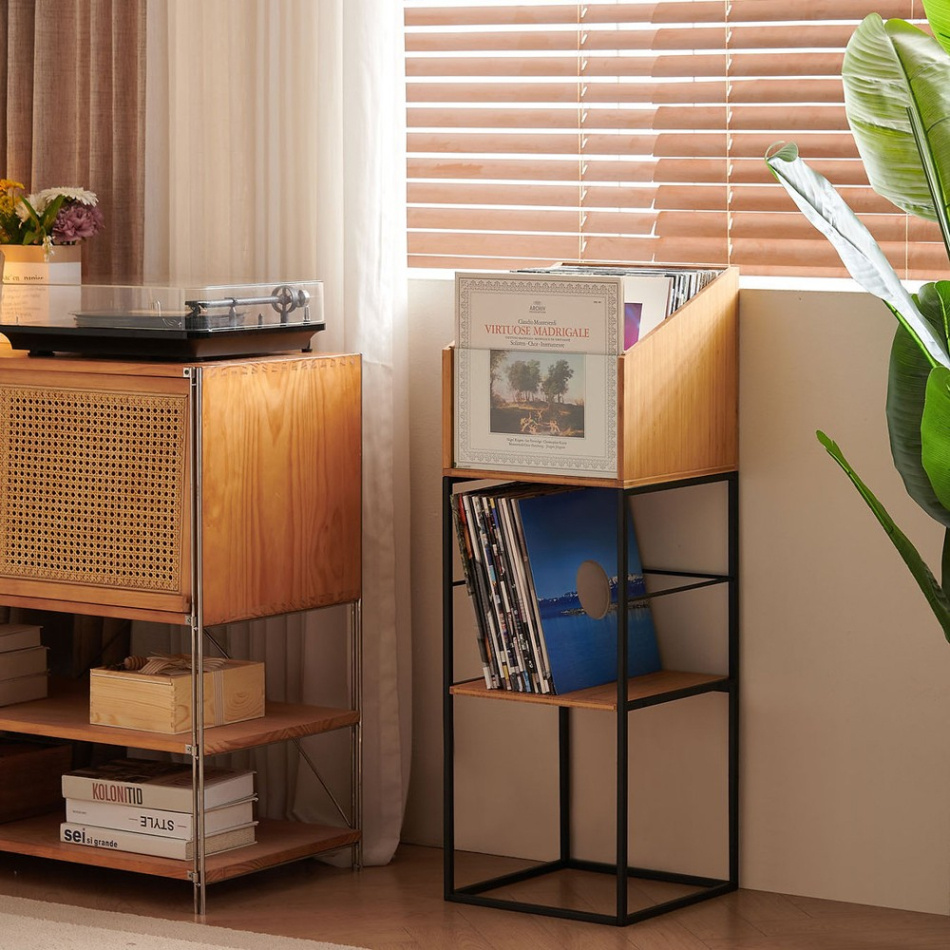 NorStone Vinyl LP Stand förvaring av vinylskivor, bambu/svart