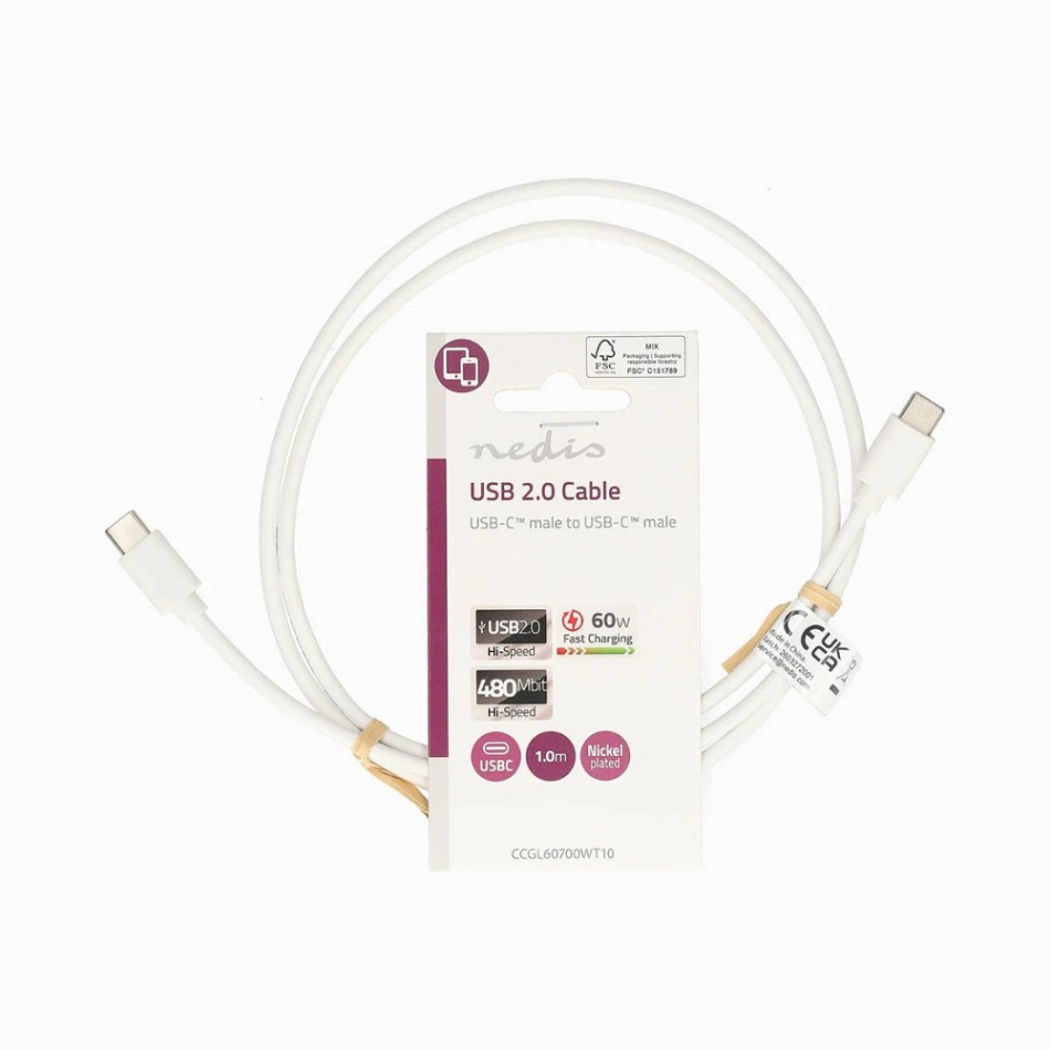 Nedis CCGL60700 USB-C 2.0-kabel, 480 Mbps 60 Watt, vit
