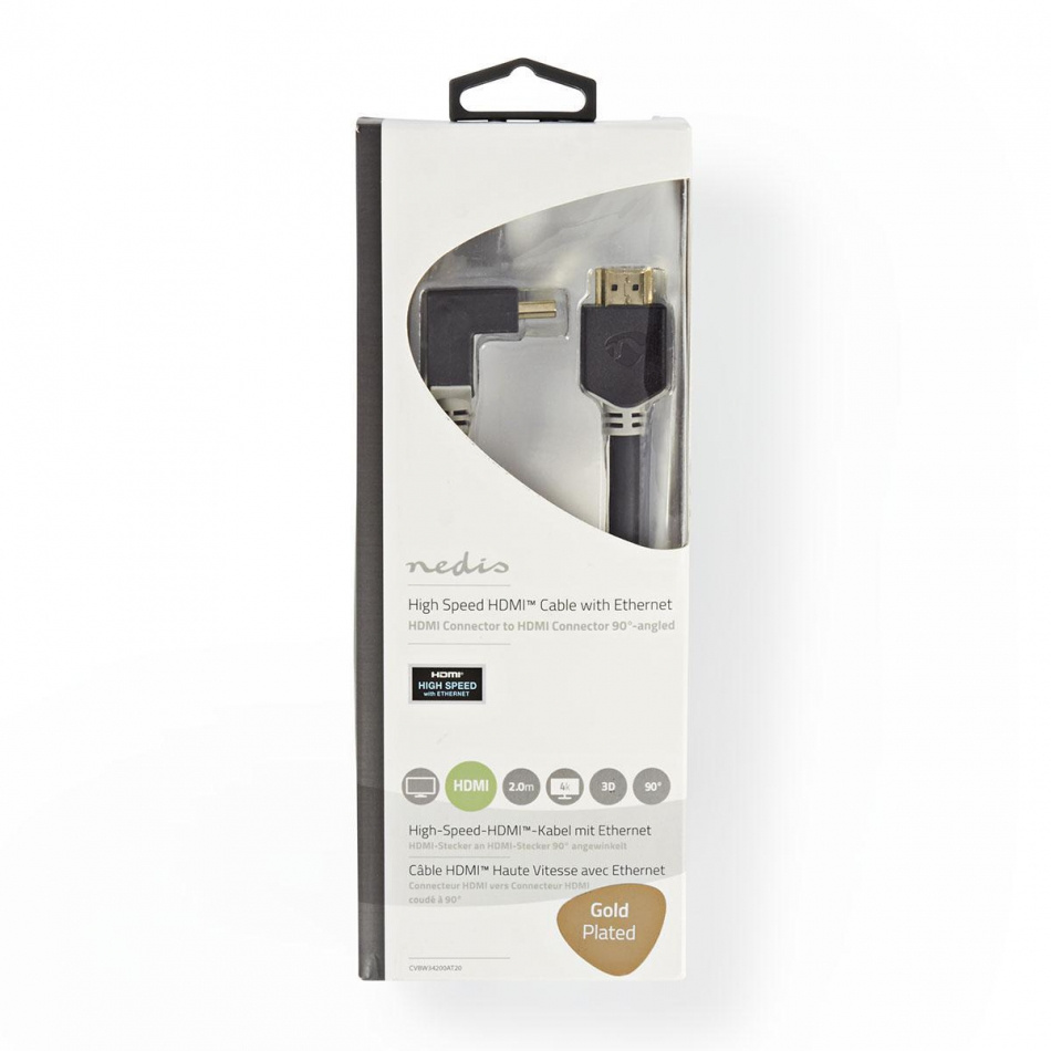 Nedis HDMI-kabel med Ethernet & vinklad kontakt, 2 meter