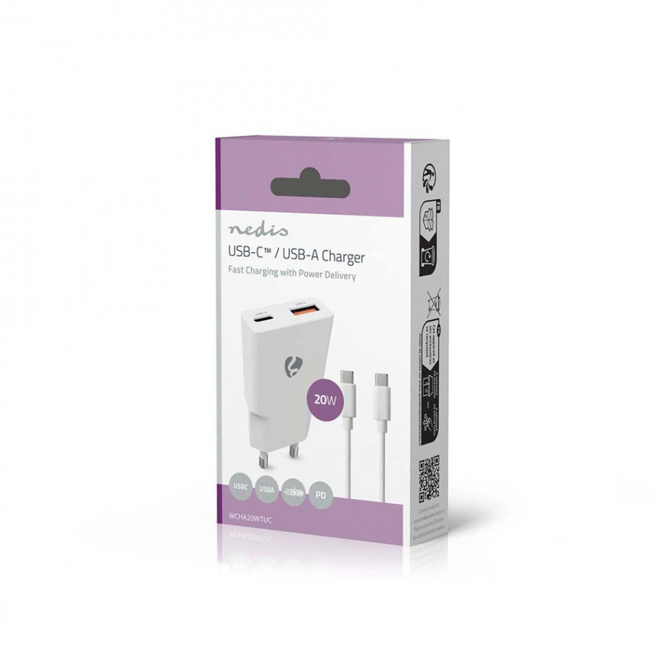 Nedis WCH-A20 GaN-väggladdare 20 Watt inkl. USB-C kabel, vit