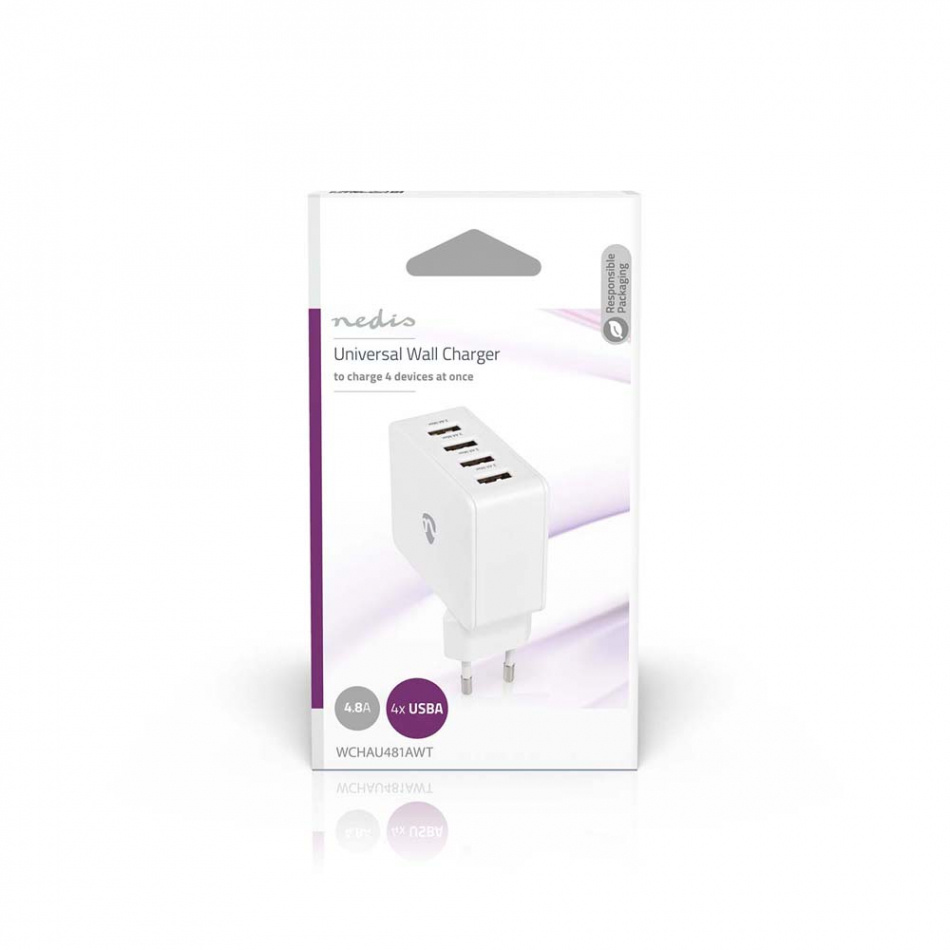 Nedis USB-A strömadapter 4 x 2.4A, vit