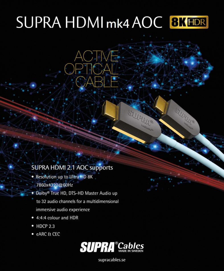 Supra HDMI AOC mk4 fiberoptisk HDMI-kabel 8K HDR, 12 meter