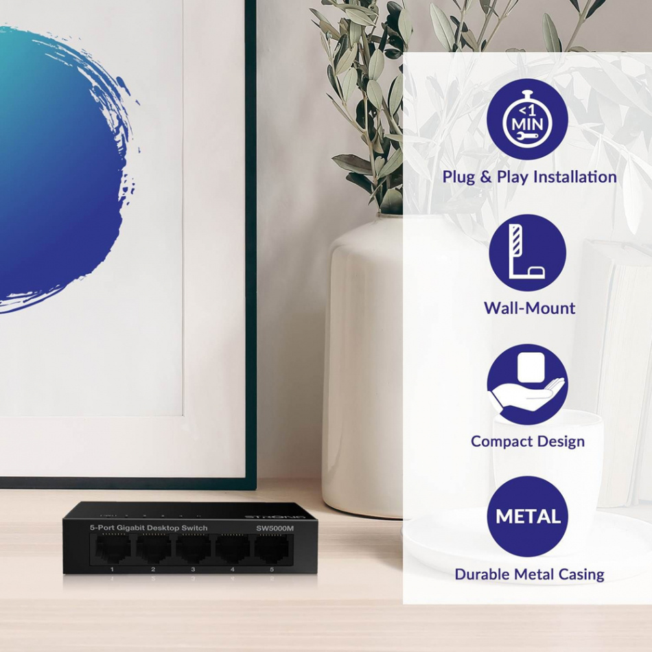 Strong SW5000M 5-Port Gigabit Metal Network Switch, svart