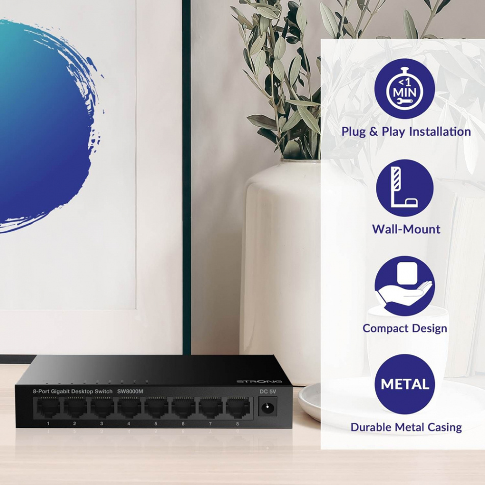 Strong SW8000M 8-Port Gigabit Metal Network Switch, svart