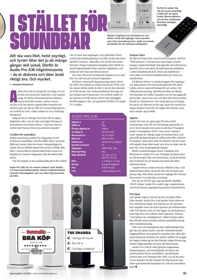 Audio Pro A36 golvhögtalare med Wifi & HDMI ARC, vitt par