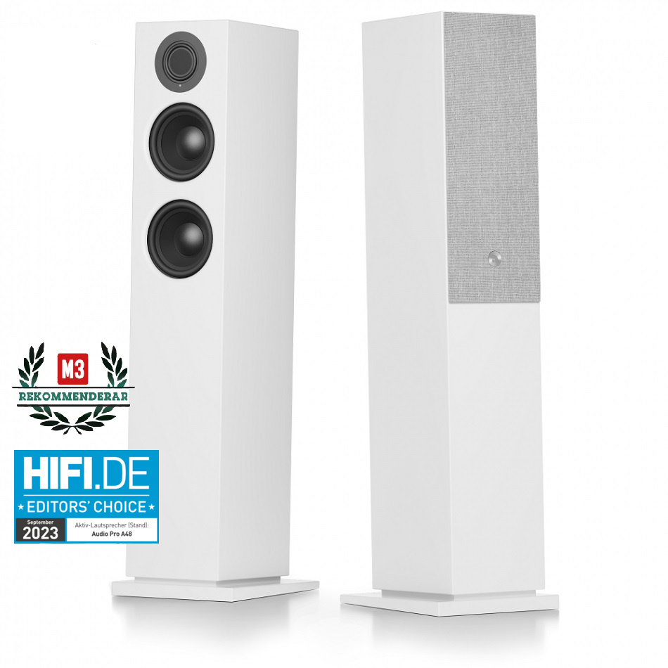 Audio Pro A48 aktiva golvhögtalare med HDMI ARC, Bluetooth & Wifi, vitt par