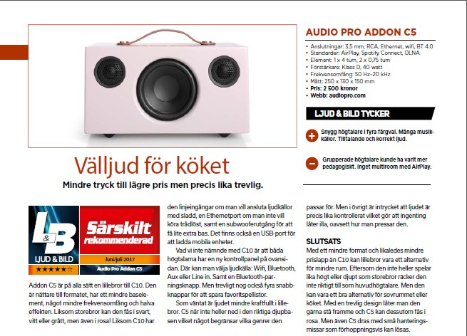 Audio Pro Addon C5 aktiv högtalare med nätverk, rosa