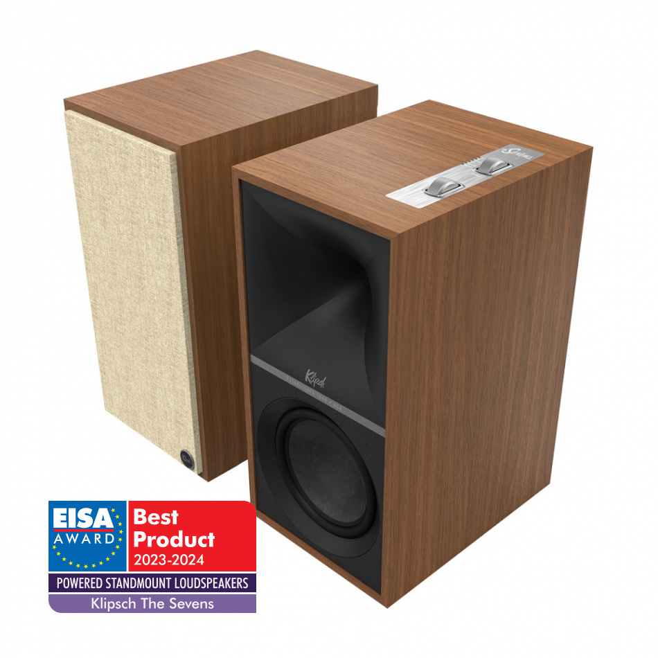 Klipsch The Sevens aktiva högtalare med fri WiiM Mini, HDMI ARC, Bluetooth & RIAA, valnöt