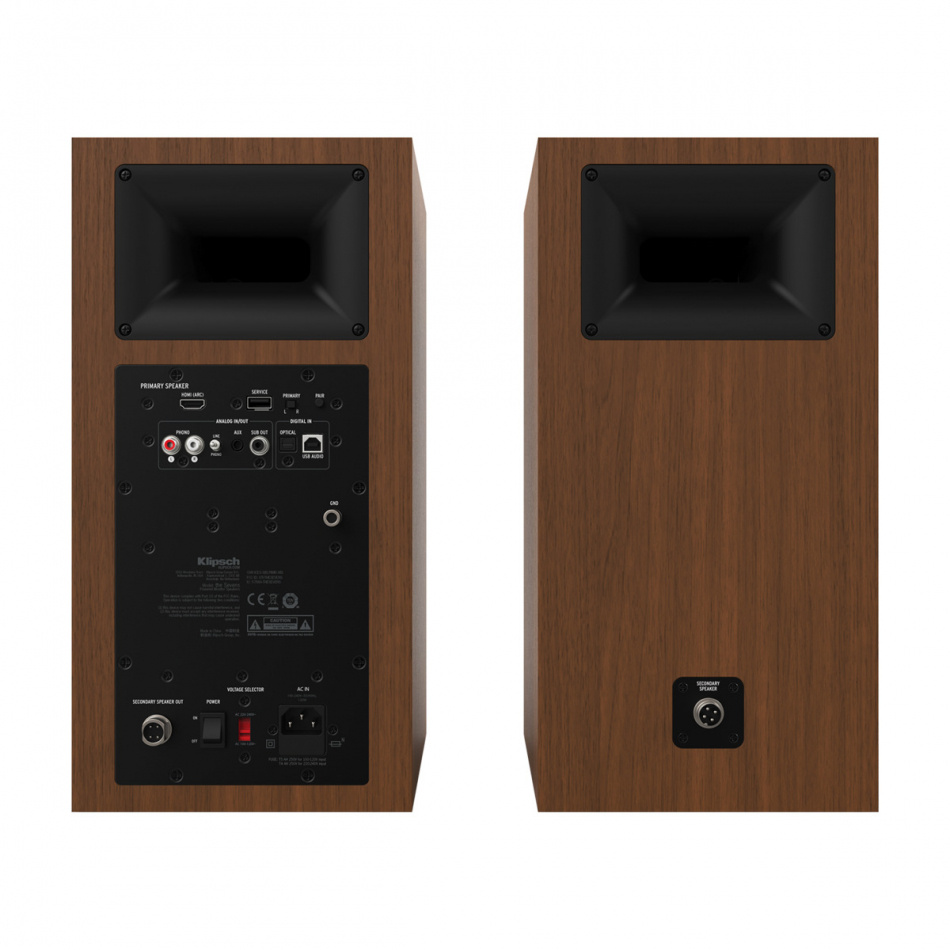 Klipsch The Sevens aktiva högtalare med fri WiiM Mini, HDMI ARC, Bluetooth & RIAA, valnöt