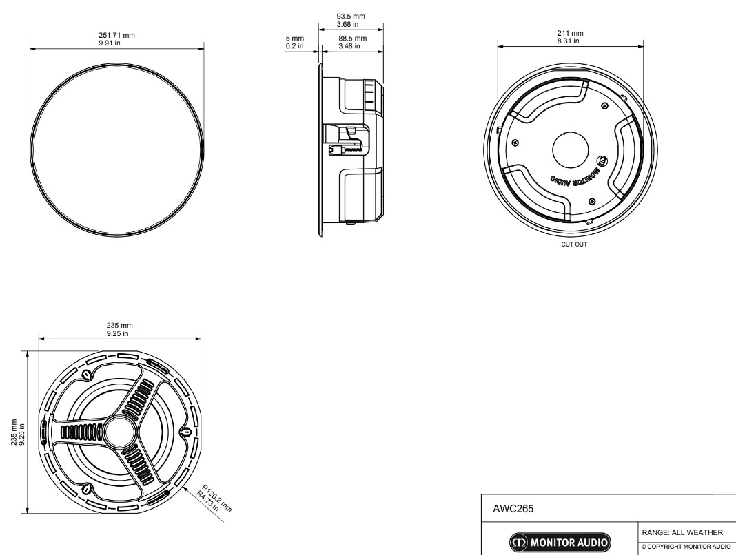 Monitor Audio AWC265 väderbeständig inbyggnadshögtalare, styck