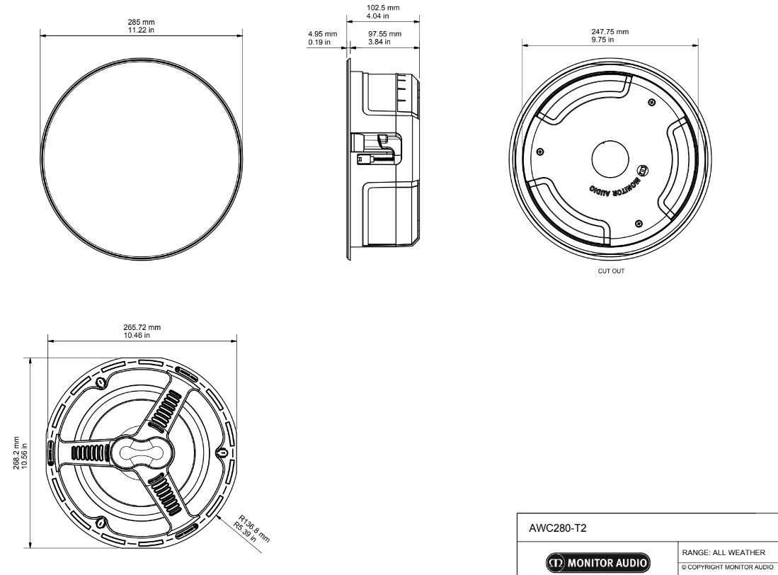 Monitor Audio AWC280-T2 väderbeständig inbyggnadshögtalare, single-stereo