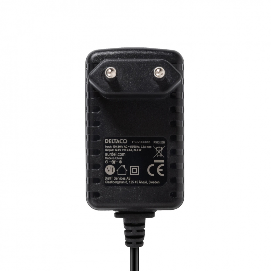 Deltaco PS12-20B Strömadapter 12V DC/2A, svart