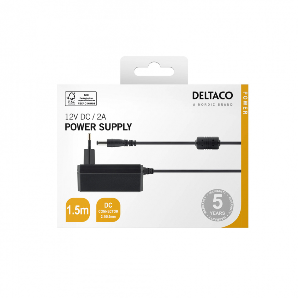Deltaco PS12-20B Strömadapter 12V DC/2A, svart