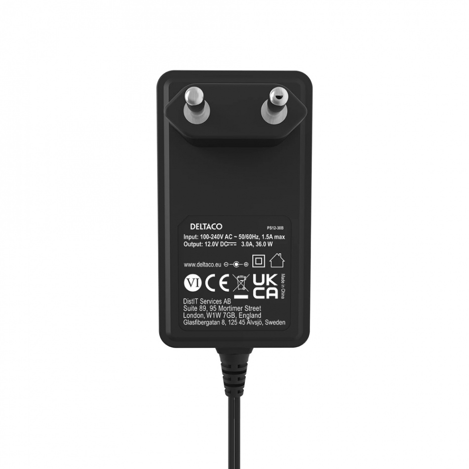 Deltaco PS12-30B Strömadapter 12V DC/3A, svart