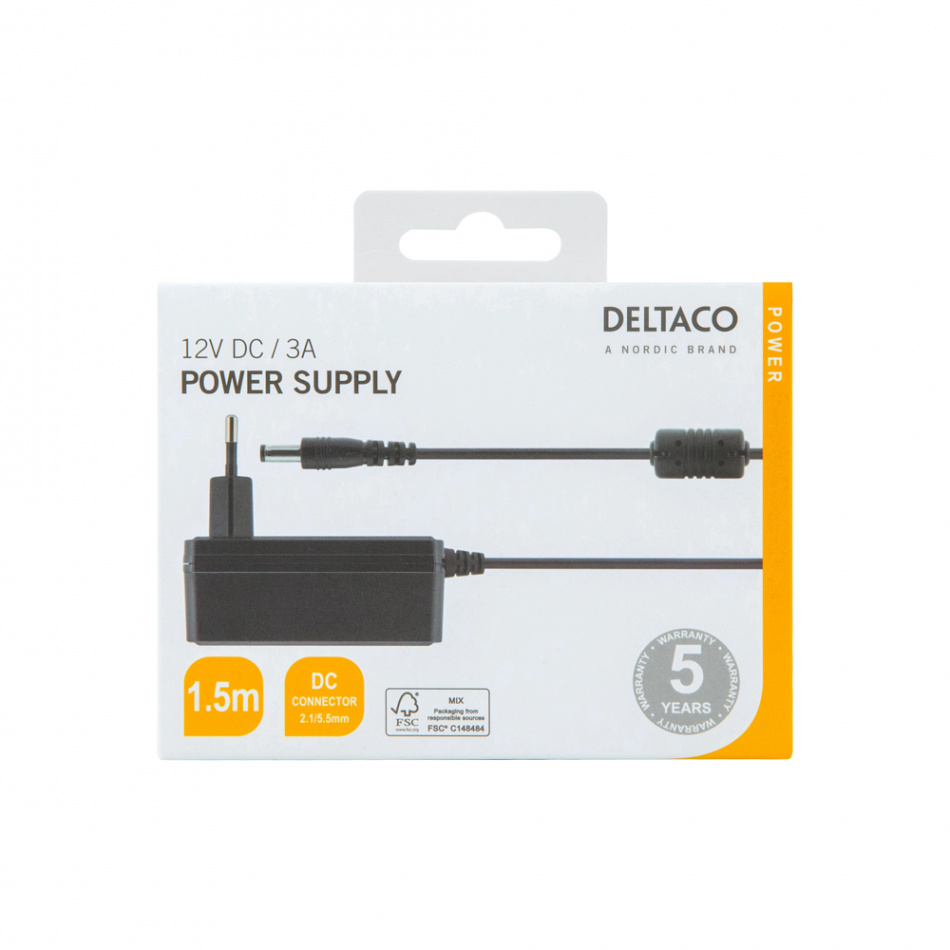 Deltaco PS12-30B Strömadapter 12V DC/3A, svart