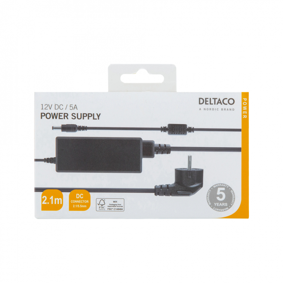 Deltaco PS12-50B Strömadapter 12V DC/5A, svart