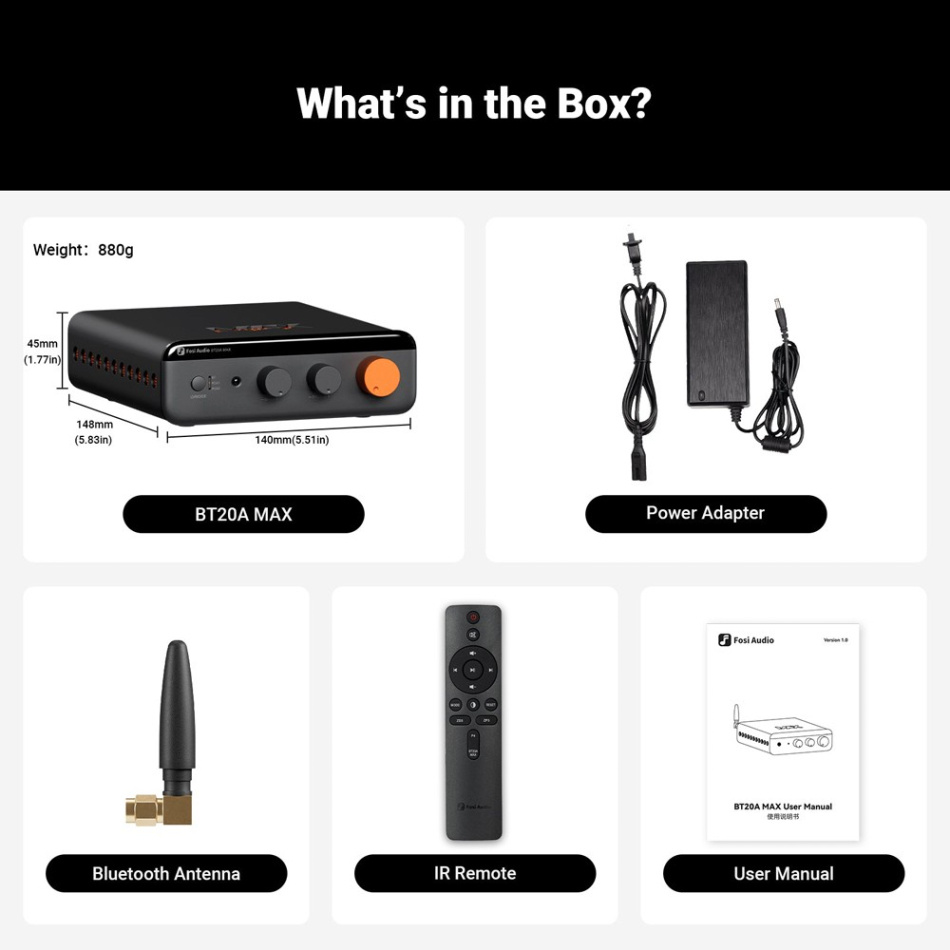 Fosi Audio BT20A Max stereoförstärkare med Bluetooth, 48V nätdel & högpassfilter