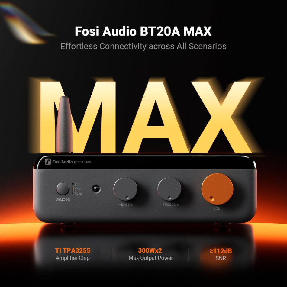 Fosi Audio BT20A Max stereoförstärkare med Bluetooth, 48V nätdel & högpassfilter