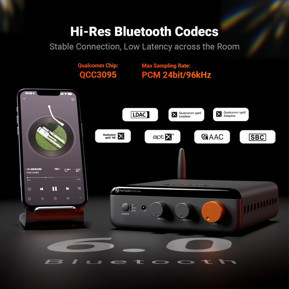 Fosi Audio BT20A Max stereoförstärkare med Bluetooth, 48V nätdel & högpassfilter