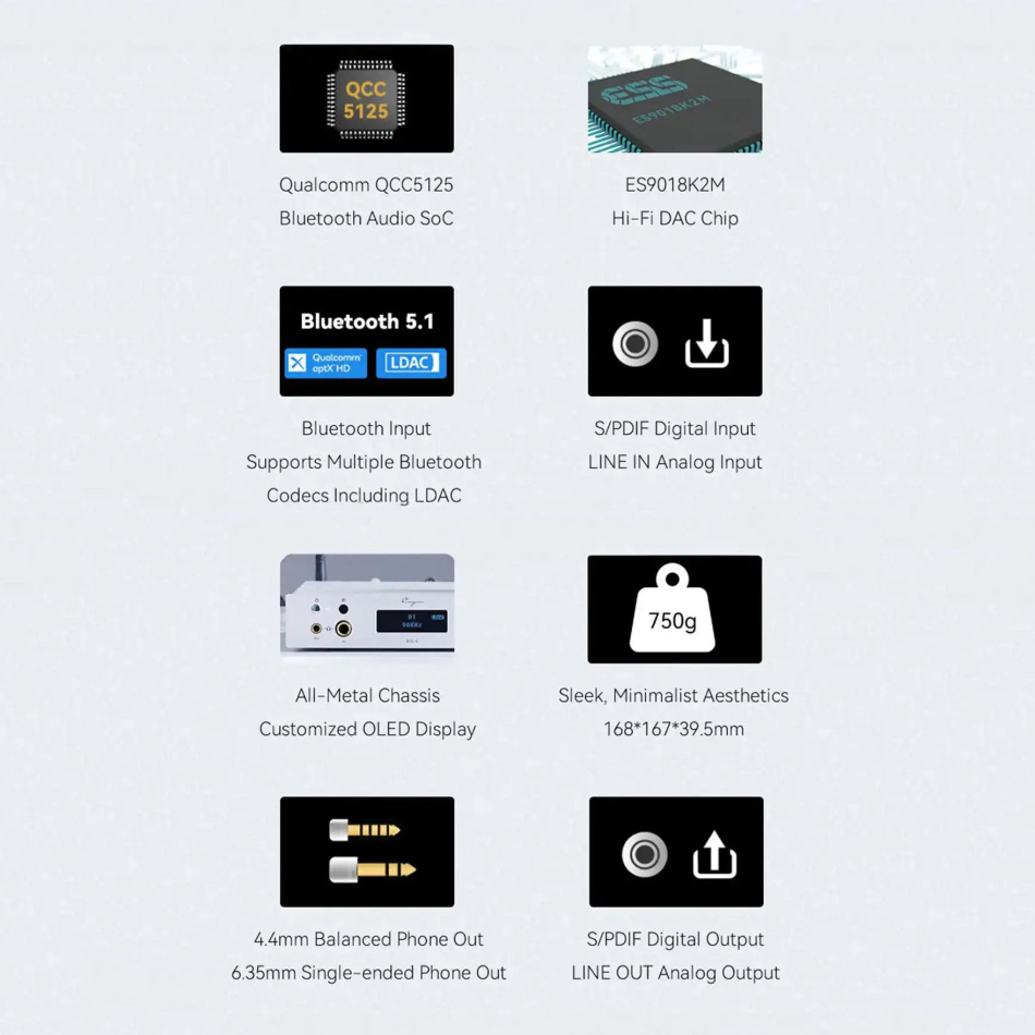 Cayin BTC-2 hörlursförstärkare med DAC & Bluetooth, silver