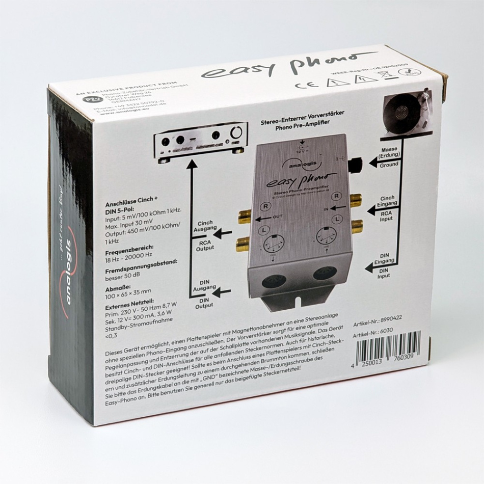 Analogis Easy Phono RIAA-steg med DIN & RCA