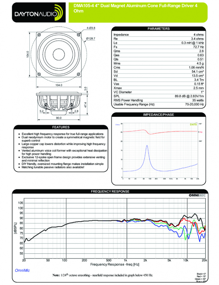 Dayton Audio DMA105-4 högtalarelement fullregister, styck