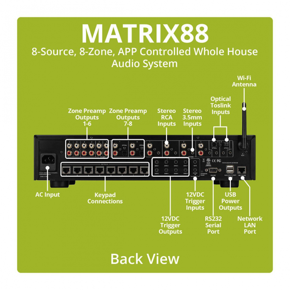 Dayton Audio Matrix88 multiroomförsteg med 8 zoner & nätverksstreaming