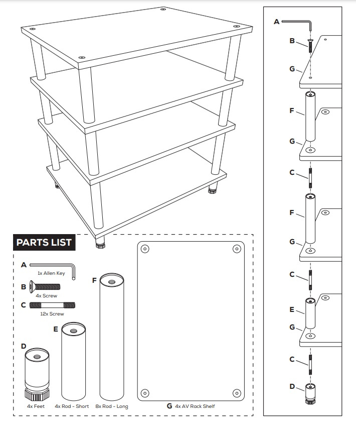 Dayton Audio MS41B, modulärt HiFi-rack med fyra plan