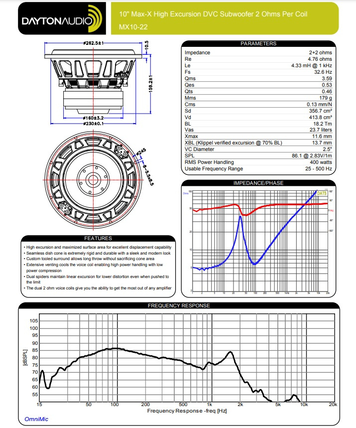 Dayton Audio MX10-22 högtalarelement baselement 2x2 Ohm